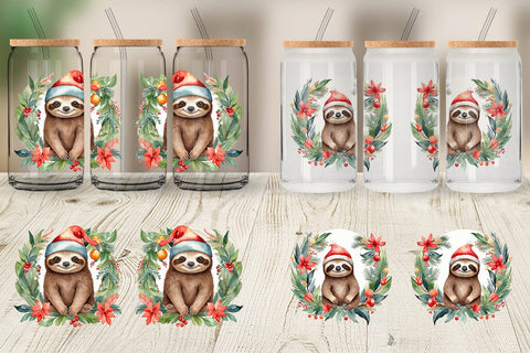 Glass Can Watercolor Christmas sloth Sublimation artnoy 