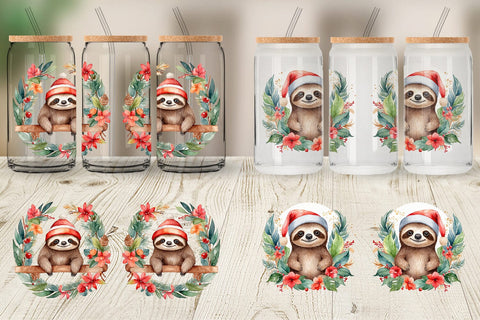 Glass Can Watercolor Christmas sloth Sublimation artnoy 