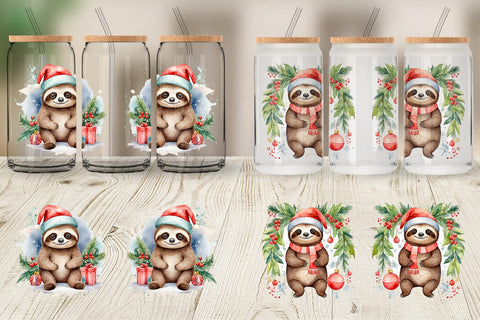 Glass Can Watercolor Christmas sloth Sublimation artnoy 