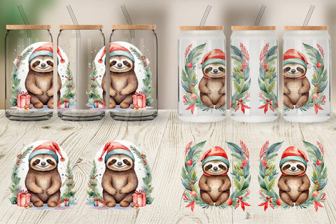 Glass Can Watercolor Christmas sloth Sublimation artnoy 