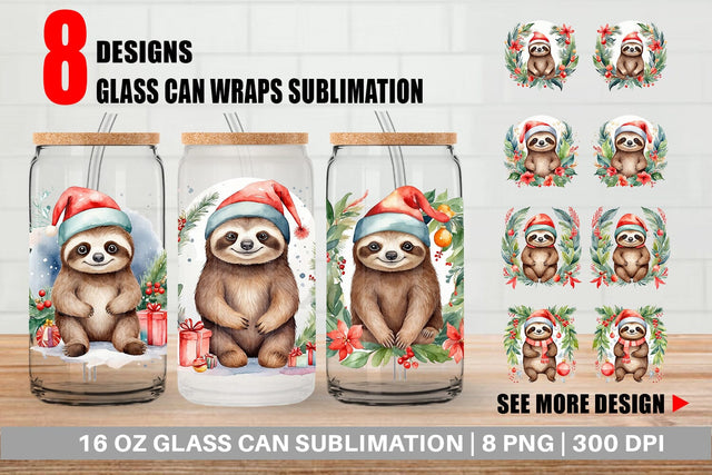 Glass Can Watercolor Christmas sloth Sublimation artnoy 