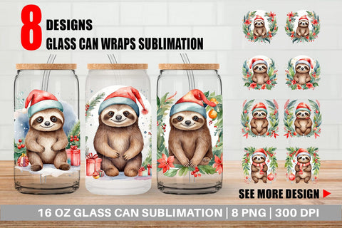 Glass Can Watercolor Christmas sloth Sublimation artnoy 