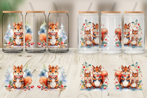 Glass Can Watercolor Christmas Squirrel Sublimation artnoy 