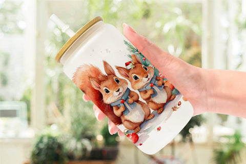 Glass Can Watercolor Christmas Squirrel Sublimation artnoy 