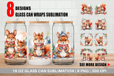 Glass Can Watercolor Christmas Squirrel Sublimation artnoy 