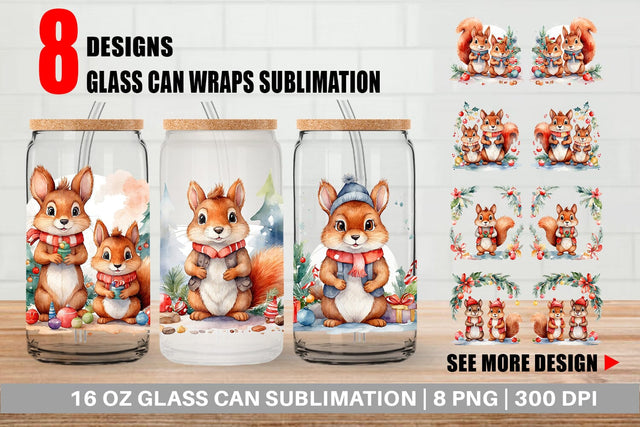 Glass Can Watercolor Christmas Squirrel Sublimation artnoy 