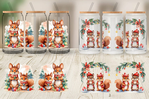 Glass Can Watercolor Christmas Squirrel Sublimation artnoy 