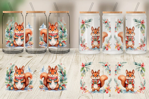 Glass Can Watercolor Christmas Squirrel Sublimation artnoy 