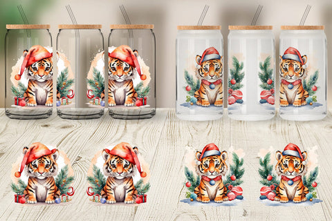 Glass Can Watercolor Christmas Tiger Sublimation artnoy 