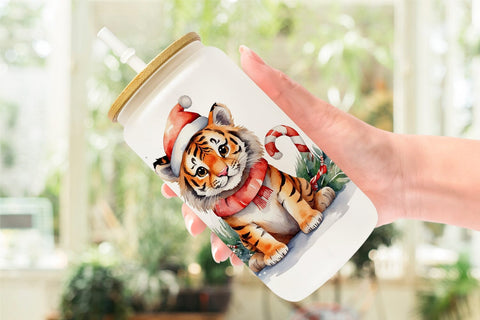 Glass Can Watercolor Christmas Tiger Sublimation artnoy 