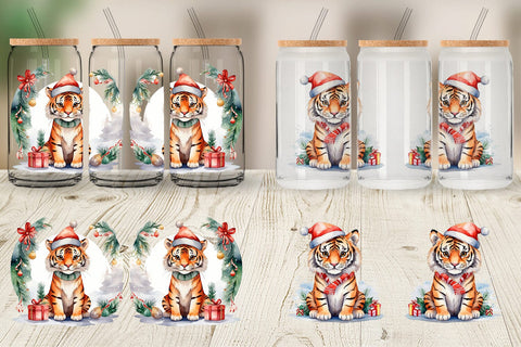 Glass Can Watercolor Christmas Tiger Sublimation artnoy 