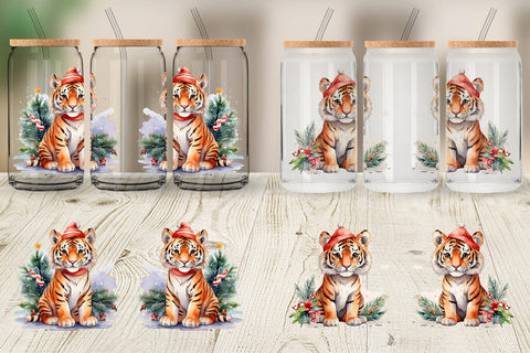 Glass Can Watercolor Christmas Tiger Sublimation artnoy 