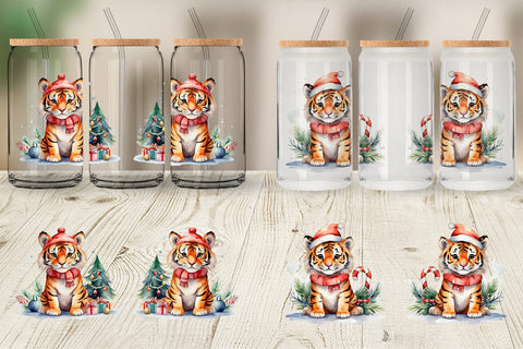 Glass Can Watercolor Christmas Tiger Sublimation artnoy 