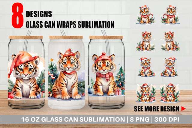 Glass Can Watercolor Christmas Tiger Sublimation artnoy 