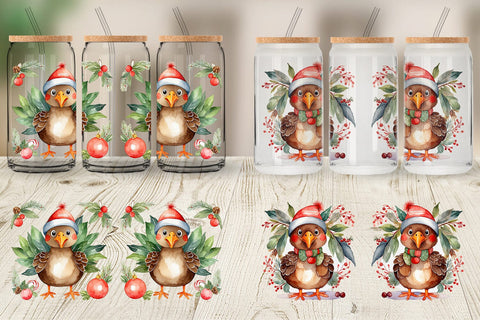 Glass Can Watercolor Christmas turkey Sublimation artnoy 