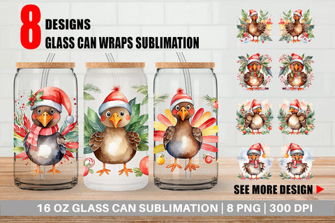 Glass Can Watercolor Christmas turkey Sublimation artnoy 