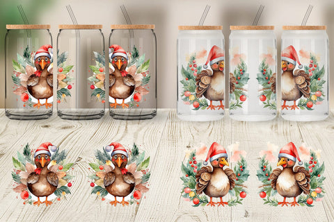Glass Can Watercolor Christmas turkey Sublimation artnoy 