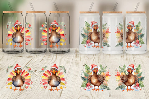 Glass Can Watercolor Christmas turkey Sublimation artnoy 