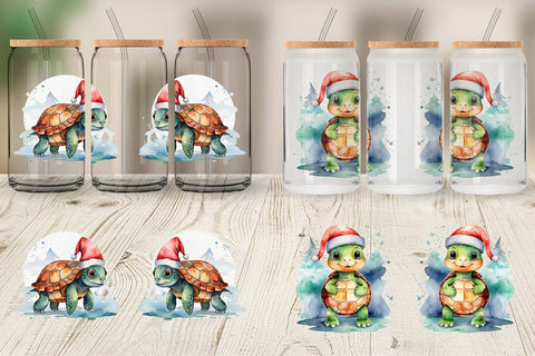 Glass Can Watercolor Christmas Turtle Sublimation artnoy 