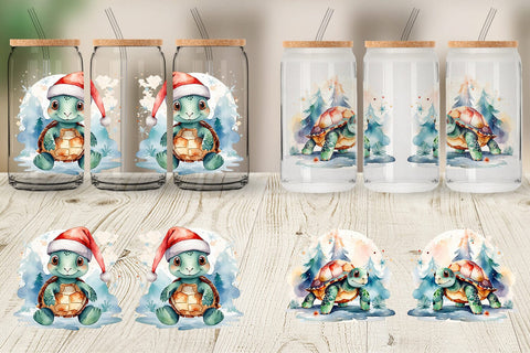 Glass Can Watercolor Christmas Turtle Sublimation artnoy 