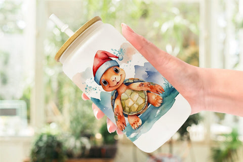 Glass Can Watercolor Christmas Turtle Sublimation artnoy 
