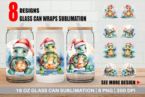 Glass Can Watercolor Christmas Turtle Sublimation artnoy 