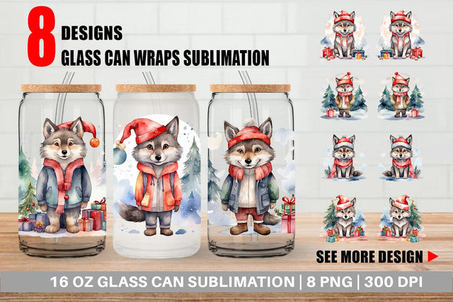 Glass Can Watercolor Christmas Wolf Sublimation artnoy 