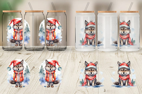 Glass Can Watercolor Christmas Wolf Sublimation artnoy 