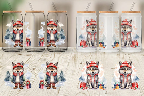 Glass Can Watercolor Christmas Wolf Sublimation artnoy 