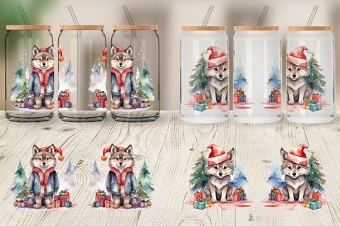 Glass Can Watercolor Christmas Wolf Sublimation artnoy 