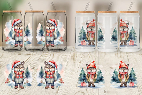 Glass Can Watercolor Christmas Wolf Sublimation artnoy 