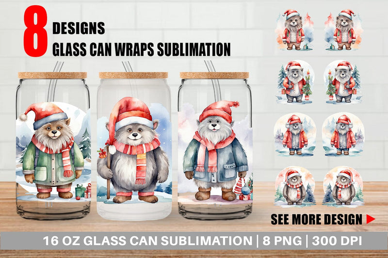 Glass Can Watercolor Christmas Yeti Sublimation artnoy 