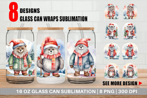 Glass Can Watercolor Christmas Yeti Sublimation artnoy 