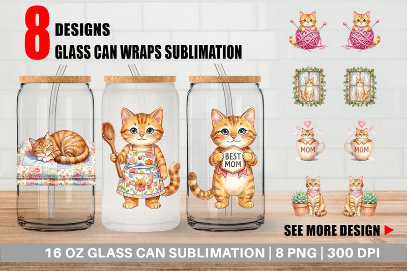 Glass Can Watercolor Cozy Cat Mom Lifestyle Art Sublimation artnoy 