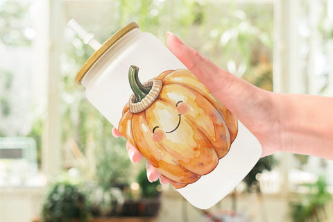 Glass Can Watercolor Cozy Fall Lifestyle Pumpkin Sublimation artnoy 