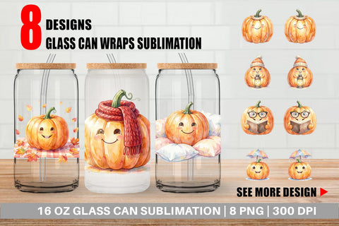 Glass Can Watercolor Cozy Fall Lifestyle Pumpkin Sublimation artnoy 