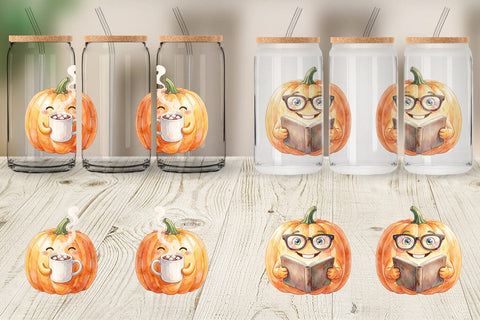 Glass Can Watercolor Cozy Fall Lifestyle Pumpkin Sublimation artnoy 