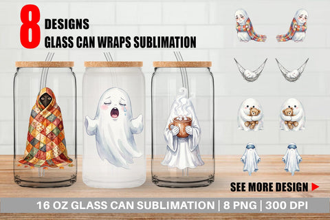 Glass Can Watercolor Cozy Nightcap Sleepy Ghost Sublimation artnoy 
