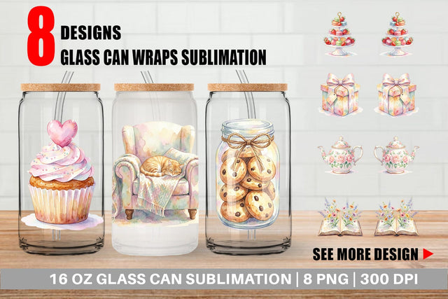 Glass Can Watercolor Cozy Tea Time Mom Brunch Sublimation artnoy 