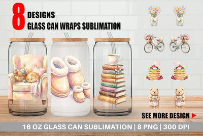 Glass Can Watercolor Cozy Tea Time Mom Lifestyle Sublimation artnoy 