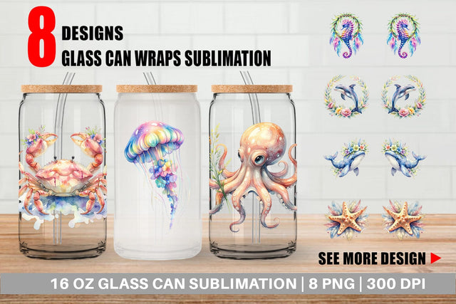 Glass Can Watercolor Cute Baby Ocean Animals Sublimation artnoy 