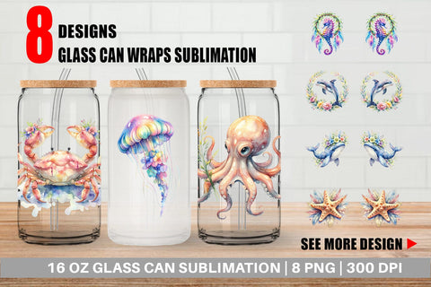 Glass Can Watercolor Cute Baby Ocean Animals Sublimation artnoy 