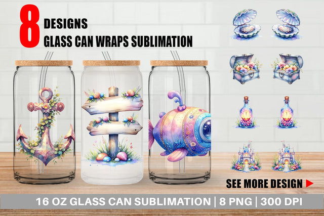 Glass Can Watercolor Cute Ocean Objects Sublimation artnoy 