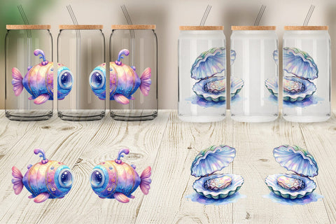 Glass Can Watercolor Cute Ocean Objects Sublimation artnoy 
