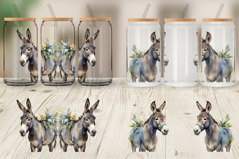 Glass Can Watercolor Donkey Easter Sublimation artnoy 