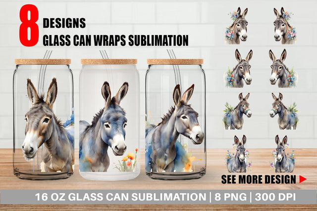 Glass Can Watercolor Donkey Easter Sublimation artnoy 