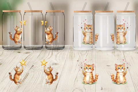 Glass Can Watercolor Dreamy Mother Cat Sky Art Sublimation artnoy 