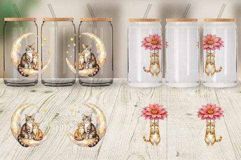 Glass Can Watercolor Dreamy Mother Cat Sky Art Sublimation artnoy 