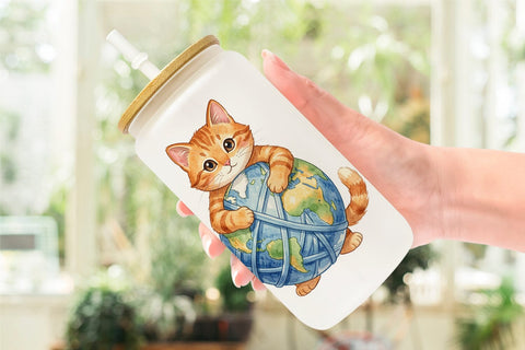 Glass Can Watercolor Dreamy Mother Cat Sky Art Sublimation artnoy 