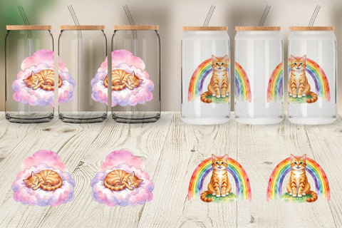 Glass Can Watercolor Dreamy Mother Cat Sky Art Sublimation artnoy 